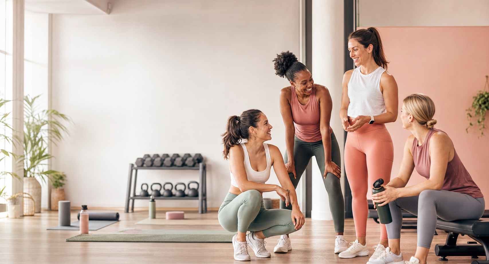 Vrouwen trainen samen in een lichte fitnessstudio